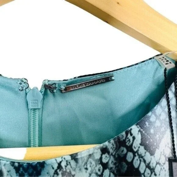 Elie Tahari  Dia Gathered Snake-Print Silk-Satin Mini Dress Turquoise Size 4 - Picture 8 of 15